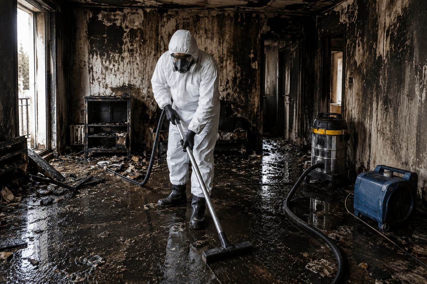 Nettoyage après incendie : aspiration des suies et des eaux d'extinction